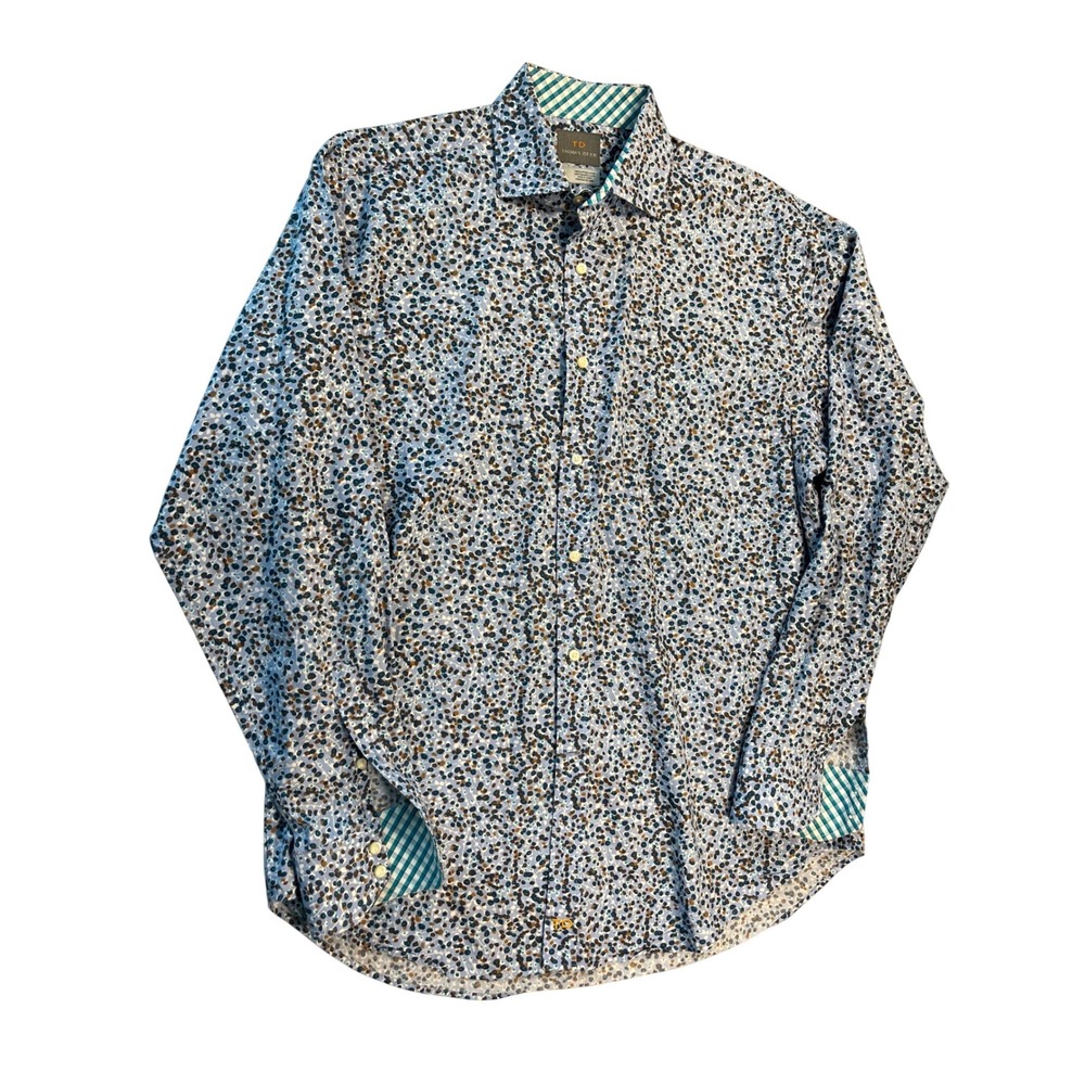 Thomas Dean Men's Large 16 Blue‎ Abstract Print Contrast Cuff Button Up Shirt
